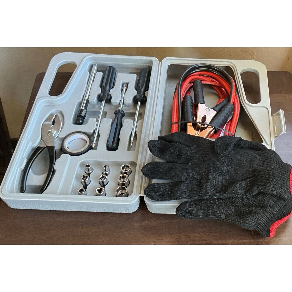 Roadside Emergency Kit New W/O Tags- Jumper Cables, Gloves, Tire Gauge, Tools